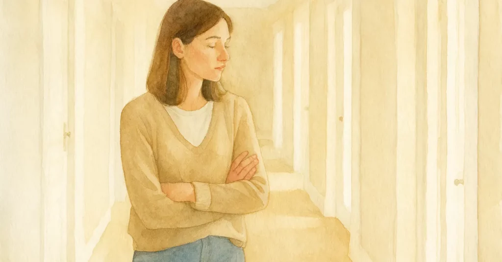 Nachdenkliche Frau steht im Flur vor geöffneten Türen. Symbolbild für Partnerwahl und Partnersuche, Entscheidungen und verpasste Chancen im Leben.