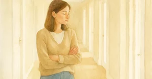 Nachdenkliche Frau steht im Flur vor geöffneten Türen. Symbolbild für Partnerwahl und Partnersuche, Entscheidungen und verpasste Chancen im Leben.