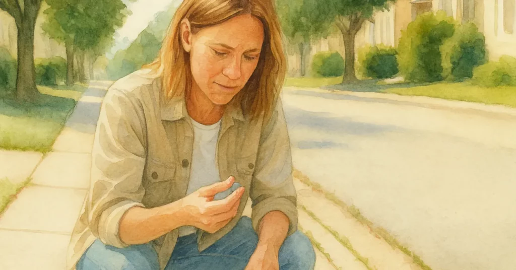 Eine Frau hockt nachdenklich am Straßenrand und betrachtet ein kleines Steinchen in ihrer Hand – ein Sinnbild dafür, wie manchmal unerwartete Momente zur Problemlösung führen.