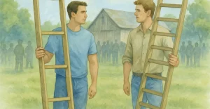 Aquarellillustration zweier Männer, die mit ihren Leitern vor einer alten Scheune stehen. Um sie herum haben sich Menschen versammelt, um zuzusehen. Die eine Leiter hat eng gesetzte, die andere weit auseinanderliegende Sprossen – als Sinnbild dafür, wie wichtig kleine Etappenziele auf dem Weg zum großen Ziel sind.