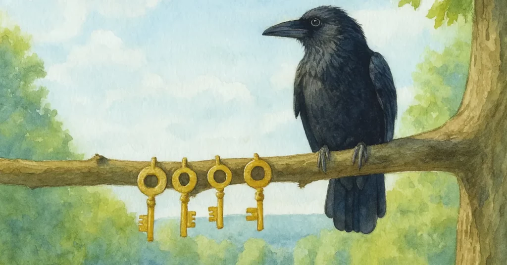 Ein schwarzer Rabe sitzt in einer Aquarellzeichnung auf dem Ast eines Baumes. Neben ihm am Ast hängen vier goldene Schlüssel – ein Sinnbild für die Suche nach dem Sinn des Leben.s