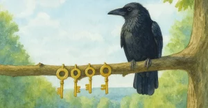 Ein schwarzer Rabe sitzt in einer Aquarellzeichnung auf dem Ast eines Baumes. Neben ihm am Ast hängen vier goldene Schlüssel – ein Sinnbild für die Suche nach dem Sinn des Leben.s