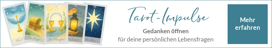 Fünf Tarotkarten „Das Gericht“, „Der Wagen“, „Die Mässigkeit“, „Der Eremit“ und „Der Stern“ überlappend angeordnet.
