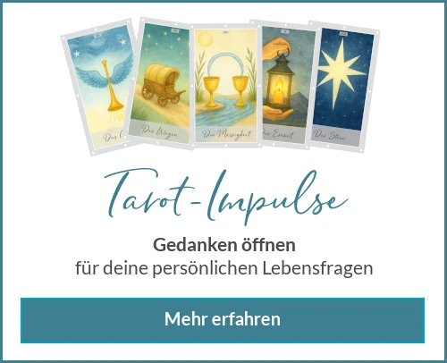 Fünf Tarotkarten „Das Gericht“, „Der Wagen“, „Die Mässigkeit“, „Der Eremit“ und „Der Stern“ überlappend angeordnet.