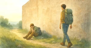 Aquarellillustration zweier Wanderer, die vor einer breiten Steinmauer stehen – als Symbol dafür, dass wir Hindernisse überwinden können, wenn wir geduldig und einfallsreich nach Lösungen suchen.