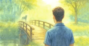 Aquarellbild eines Mannes, der am Anfang einer alten Holzbrücke steht und in Richtung eines schemenhaften Hundeschattens am anderen Ende blickt – Symbolbild für nicht reale Angst.