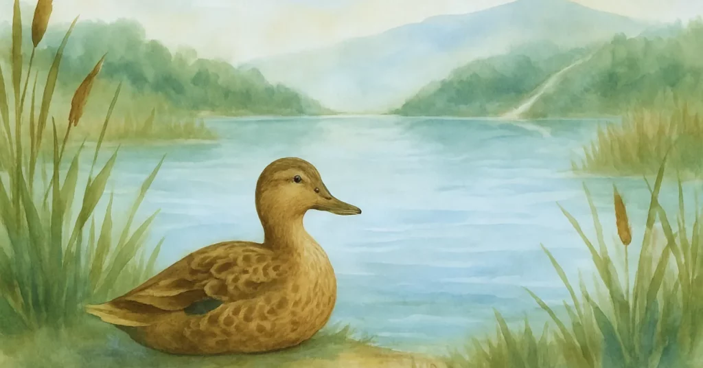 Aquarellillustration der braunen Ente Enie am Ufer eines Sees, umgeben von dichtem Schilf, während in der Ferne zwei kaum sichtbare Wege vom Horizont abzweigen – ein Sinnbild dafür, dass wir oft mehr Möglichkeiten haben, als wir wahrnehmen.