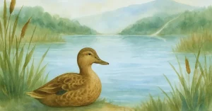 Aquarellillustration der braunen Ente Enie am Ufer eines Sees, umgeben von dichtem Schilf, während in der Ferne zwei kaum sichtbare Wege vom Horizont abzweigen – ein Sinnbild dafür, dass wir oft mehr Möglichkeiten haben, als wir wahrnehmen.