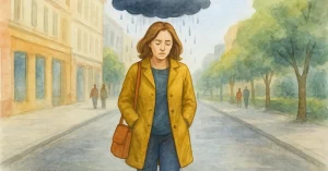 Aquarellillustration einer Frau, die durch eine helle Stadtstraße läuft, während eine dunkle Regenwolke nur über ihr hängt – ein Symbol dafür, wie belastend toxische Menschen sein können.
