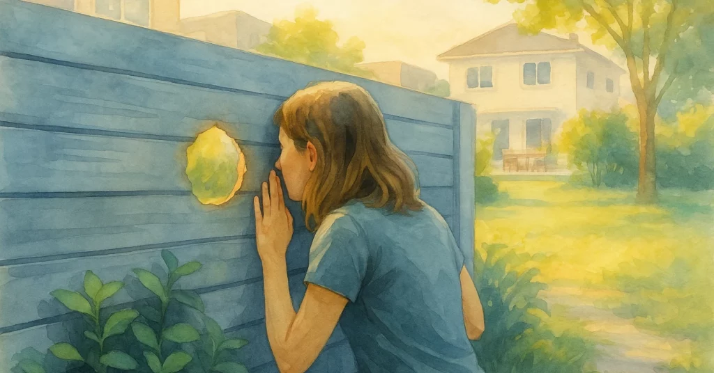 Aquarellillustration einer Frau, die durch ein kleines Loch in einem Gartenzaun auf das Nachbargrundstück schaut. Symbolbild dafür, wie wir mehr Zufriedenheit im Leben fühlen, wenn wir aufhören, uns mit anderen zu vergleichen und den Fokus wieder auf das eigene Leben richten.