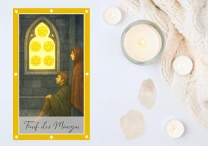 Aquarell-Tarotkarte „Fünf der Münzen“: Zwei Menschen stehen traurig vor einem leuchtenden Fenster, Symbol dafür, dass Mangel oft im Blickwinkel entsteht und wir Zufriedenheit im Leben entdecken können, wenn wir unseren Fokus verändern.