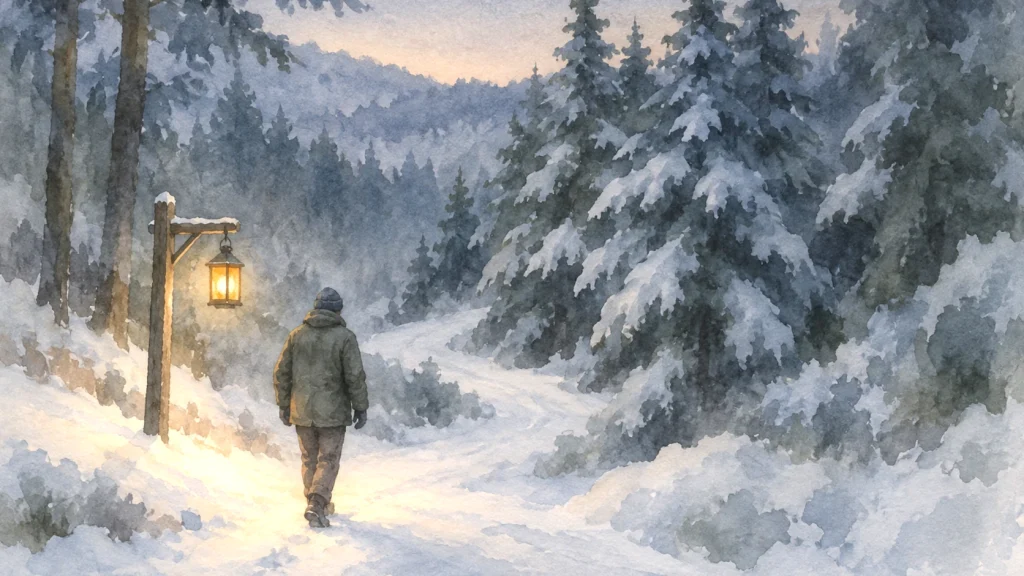 Ein Mann geht auf einem verschneiten Waldweg auf eine einzelne leuchtende Laterne zu, wÀhrend der weitere Verlauf des Weges hinter einer Biegung verborgen bleibt.