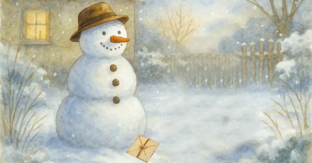 Aquarellillustration eines Schneemanns mit einem Brief des Mädchens vor sich im Schnee. Ein Symbol dafür, wie wir Abschiede annehmen und erkennen, dass manche Verbindungen bleiben, selbst wenn ihre Form vergeht.