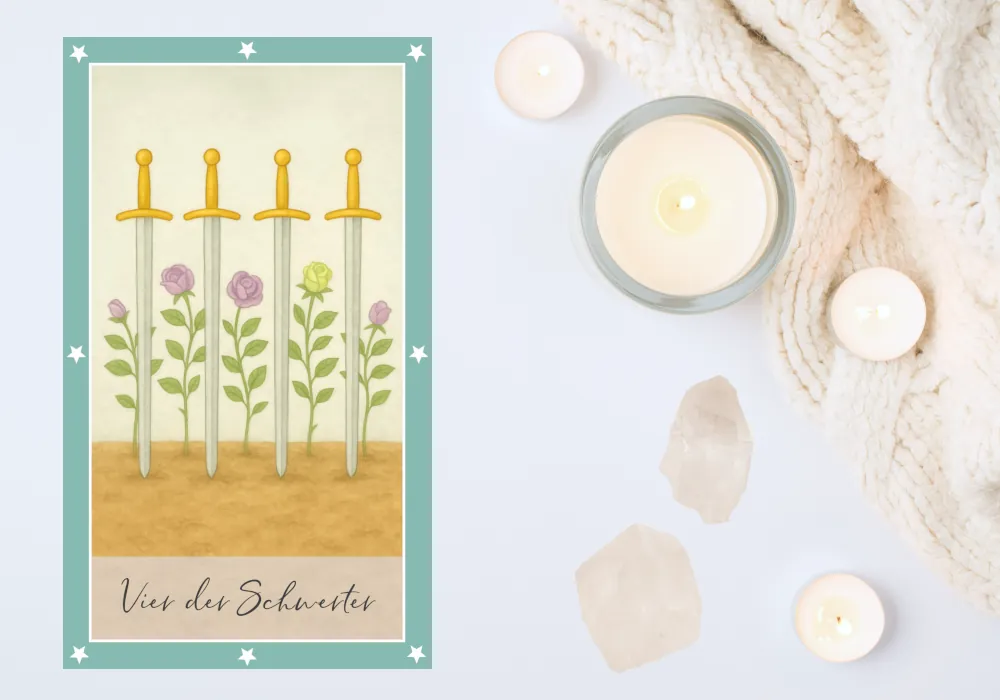 Tarotkarte: Vier der Schwerter Vier aufrecht in braune Erde gesteckte Schwerter mit goldenen Griffen stehen nebeneinander. Zwischen ihnen wachsen Rosen mit hell-violetten und hell-grünen Blüten. Der Hintergrund ist ein sehr helles, freundliches Grau im Aquarellstil.