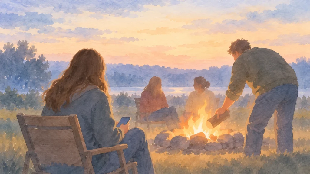 Aquarellillustration eines Mädchens mit Smartphone am Lagerfeuer im Familienkreis. Ein Mann legt Holz nach, während im Hintergrund zwei Frauen zusammensitzen.