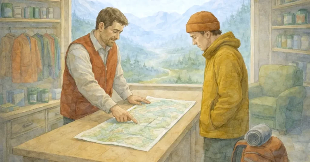 Aquarellillustration eines kleinen Ausrüstungsladens am Fuße der Berge: Ein Verkäufer zeigt einem Reisenden eine Karte auf dem Tresen, während durch das Fenster das Gebirge sichtbar ist. Sinnbild für unterschiedliche innere Ausrichtungen und dafür, wie wir Trigger als Hinweise verstehen.