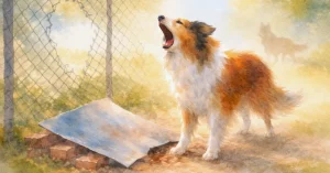 Collie-Hündin auf einem Hof bellend neben einem losen Blech am Zaun, während eine andere Hündin im Hintergrund verschwindet. Sinnbild dafür, wie Gerüchte durch Gegenwehr größer werden und Aufmerksamkeit anziehen.