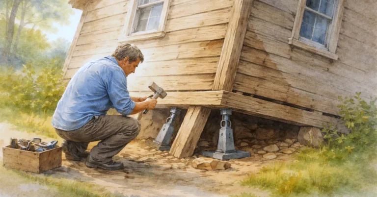 Aquarellbild eines schief stehenden Holzhauses in einer hellen, natürlichen Umgebung, während ein Mann am Fundament arbeitet. Ein Symbol dafür, wie negative Glaubenssätze unser inneres Fundament prägen und verändert werden können.