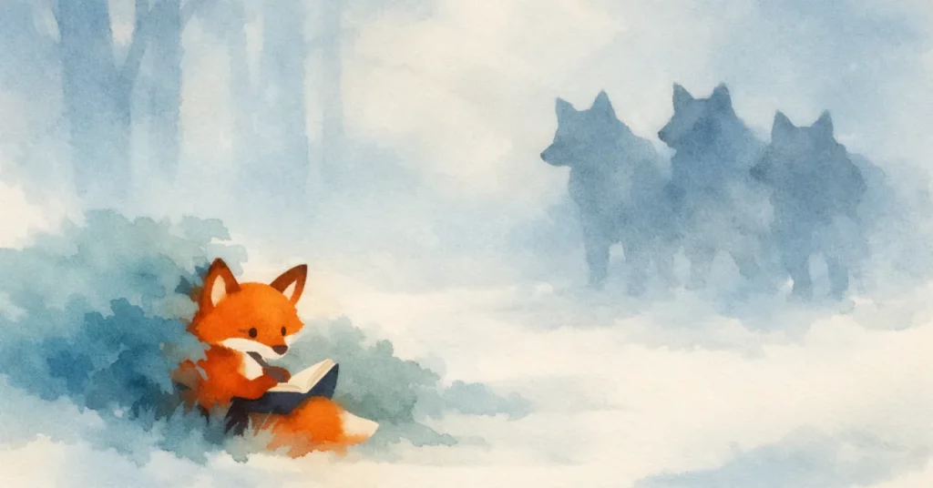 Aquarellillustration eines kleinen Fuchses, der sich ruhig hinter einem Busch aufhält, während im Hintergrund schemenhafte Wolfsschatten auftauchen. Symbolisches Bild für Mobbing bei Kindern, innere Stärke und den stillen Umgang mit Bedrohung.