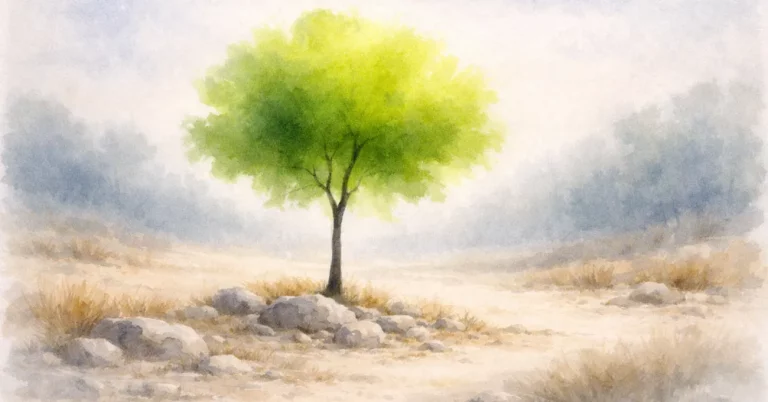 Ruhiges Aquarellbild eines einzelnen grünen Baumes in weiter, offener Landschaft mit viel freiem Raum. Symbolische Darstellung von Resilienz, innerer Stabilität und ruhigem Wachstum trotz herausfordernder Umgebung.