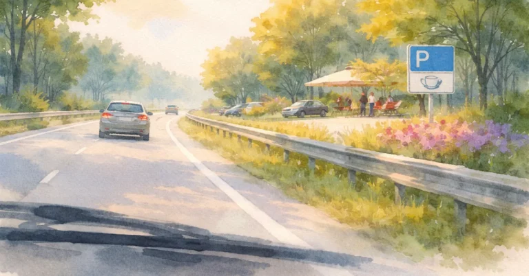 Frau auf der Autobahn auf dem Weg zu einem Vortrag, während ein Rastplatz vorbeizieht. Sinnbild für seelische Erschöpfung durch fehlende Pausen und das ständige Weitergehen ohne inneres Innehalten.