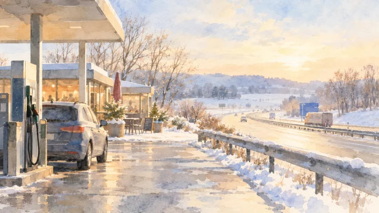 Ein Auto steht an einer Tankstelle neben einem Rasthof an der Autobahn. Im Hintergrund führt die Straße durch eine winterliche Landschaft mit schneebedeckten Feldern und kahlen Bäumen.