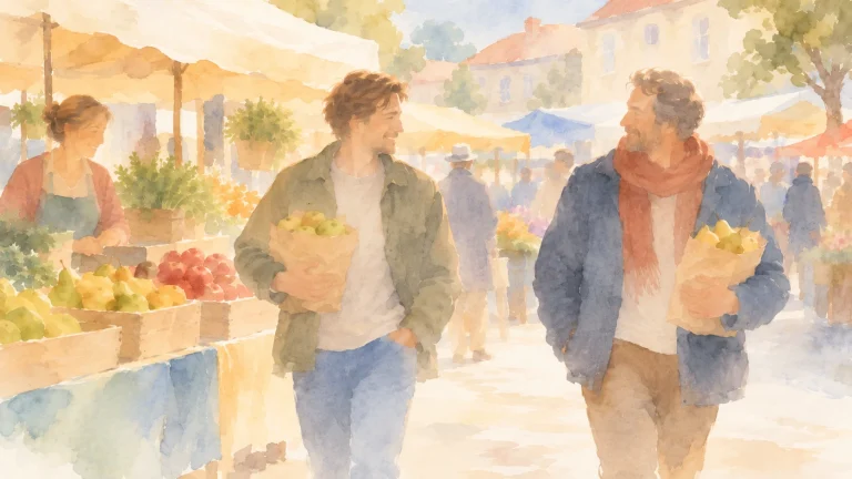 Zwei Männer gehen mit Einkaufstüten voller Obst über einen sonnigen Wochenmarkt und unterhalten sich, während im Hintergrund weitere Marktstände und Besucher zu sehen sind.