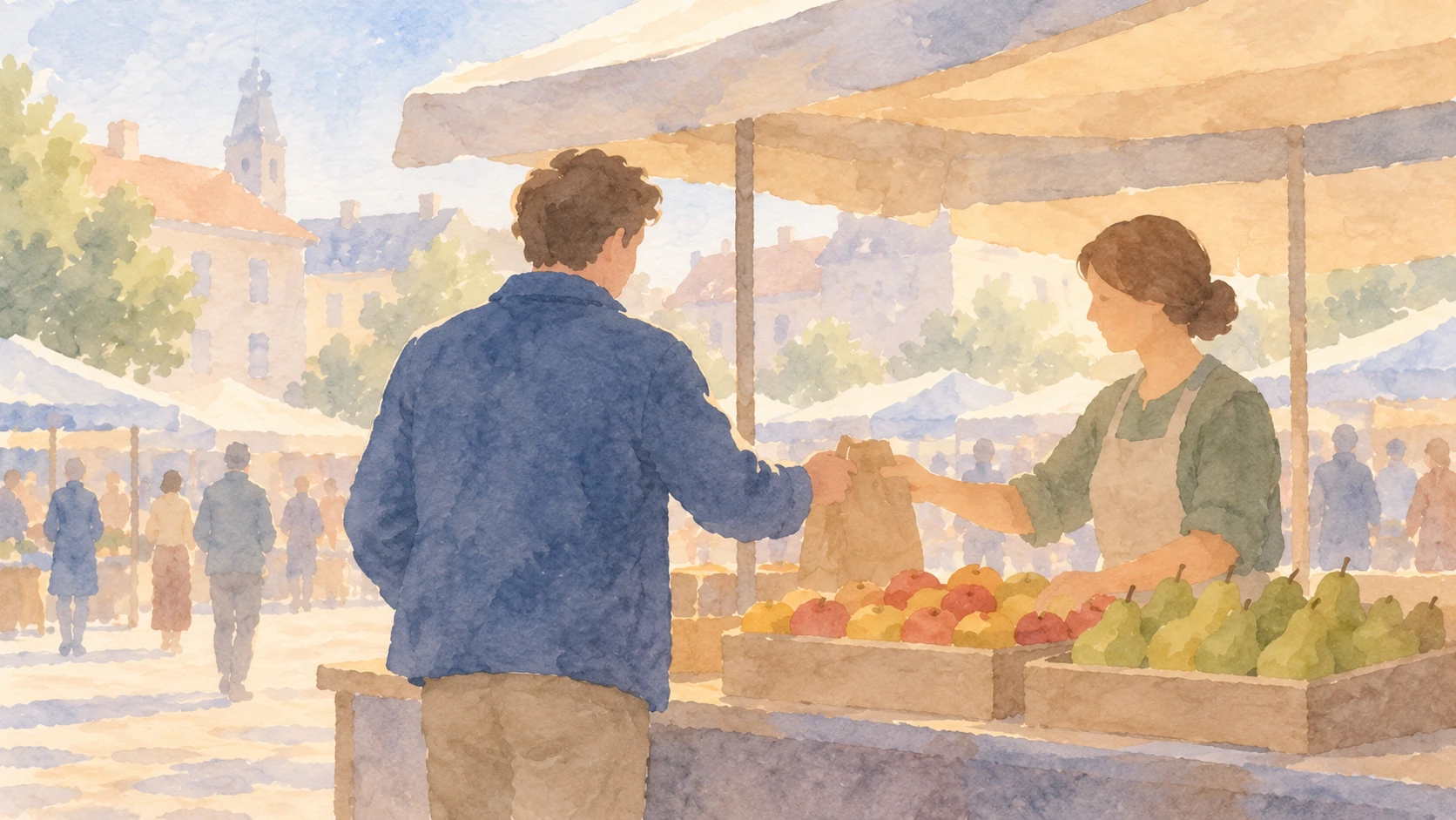 Aquarellzeichnung: Ein Mann bekommt am Marktstand eine Tüte mit Birnen.