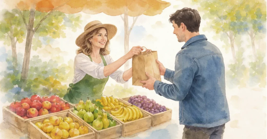 Aquarellszene eines ruhigen Frühlingsmarkts: Eine Verkäuferin überreicht einem Mann eine geschlossene Papiertüte mit Obst, reduzierte Formen und weiche Farbflächen. Sinnbild für Authentizität bei der Partnersuche.