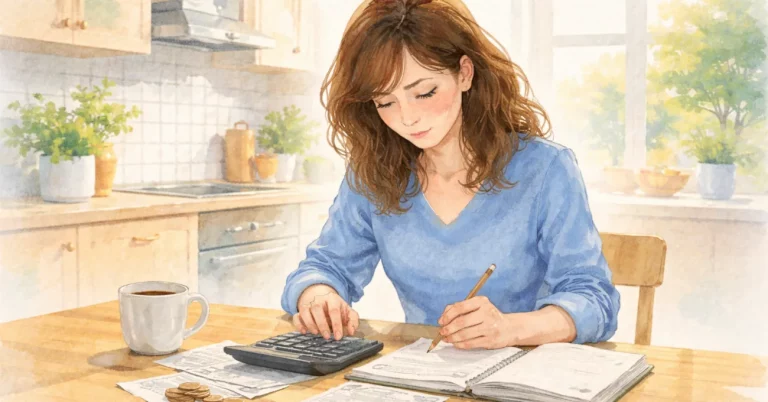 Aquarellbild einer Frau, die in einer hellen Küche am Tisch sitzt und mit Taschenrechner und Unterlagen arbeitet, die ruhige Szene zeigt Geldsorgen und den bewussten Umgang mit Finanzen als Schritt in Richtung Finanzbildung.