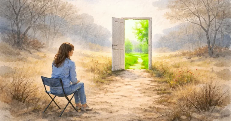 Aquarellbild einer Frau auf einem Klappstuhl an einem kargen Feldweg, vor ihr eine geöffnete Tür, durch die eine grüne, blühende Landschaft sichtbar wird, das ruhige Bild steht symbolisch für Neubeginn und neue Möglichkeiten.