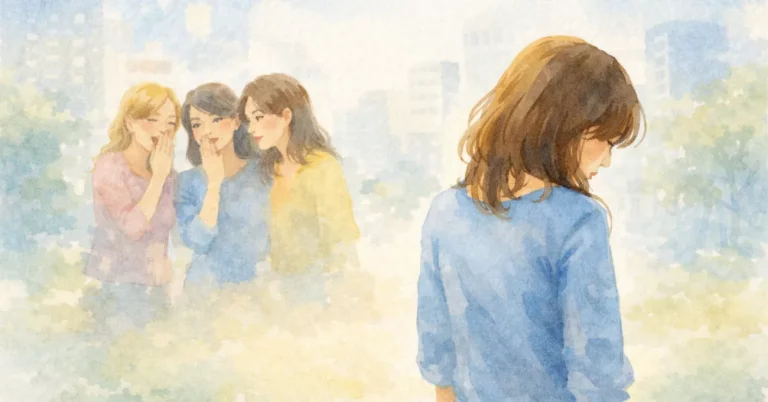 ALT-Text:
Aquarellbild einer Frau in städtischer Umgebung, die mit hängenden Schultern abgewandt steht, während im Hintergrund eine Gruppe anderer Frauen leise tuschelt, die helle und reduzierte Szene macht Mobbing in einer ruhigen, symbolischen Bildsprache sichtbar.