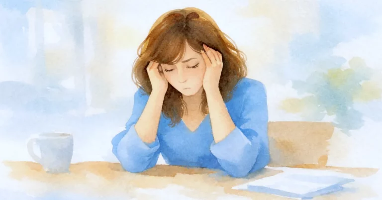 Aquarellbild einer Frau, die am Tisch sitzt und den Kopf in die Hände stützt, ihr Gesicht ist ruhig und nach unten gerichtet, die Szene wirkt hell und reduziert und vermittelt Überforderung in einer stillen, freundlichen Umgebung.