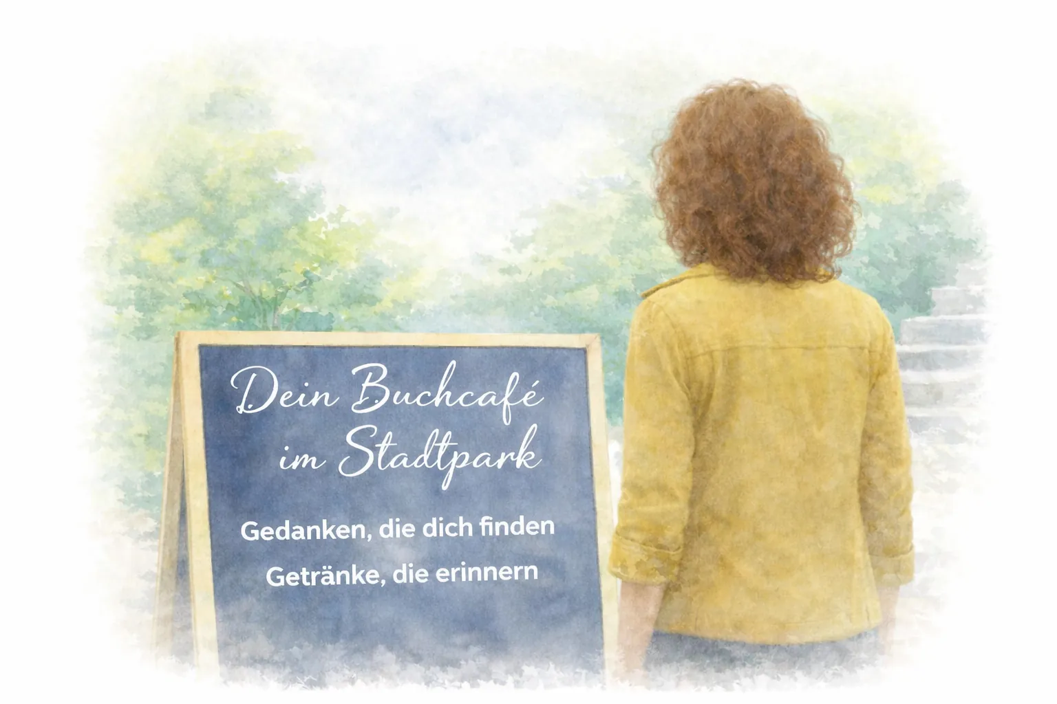 Aquarellillustration von der Protagonistin Anna, die im Stadtpark vor einem Aufsteller mit der Aufschrift „Dein Buchcafé im Stadtpark: Gedanken, die dich finden, Getränke, die erinnern“ steht.