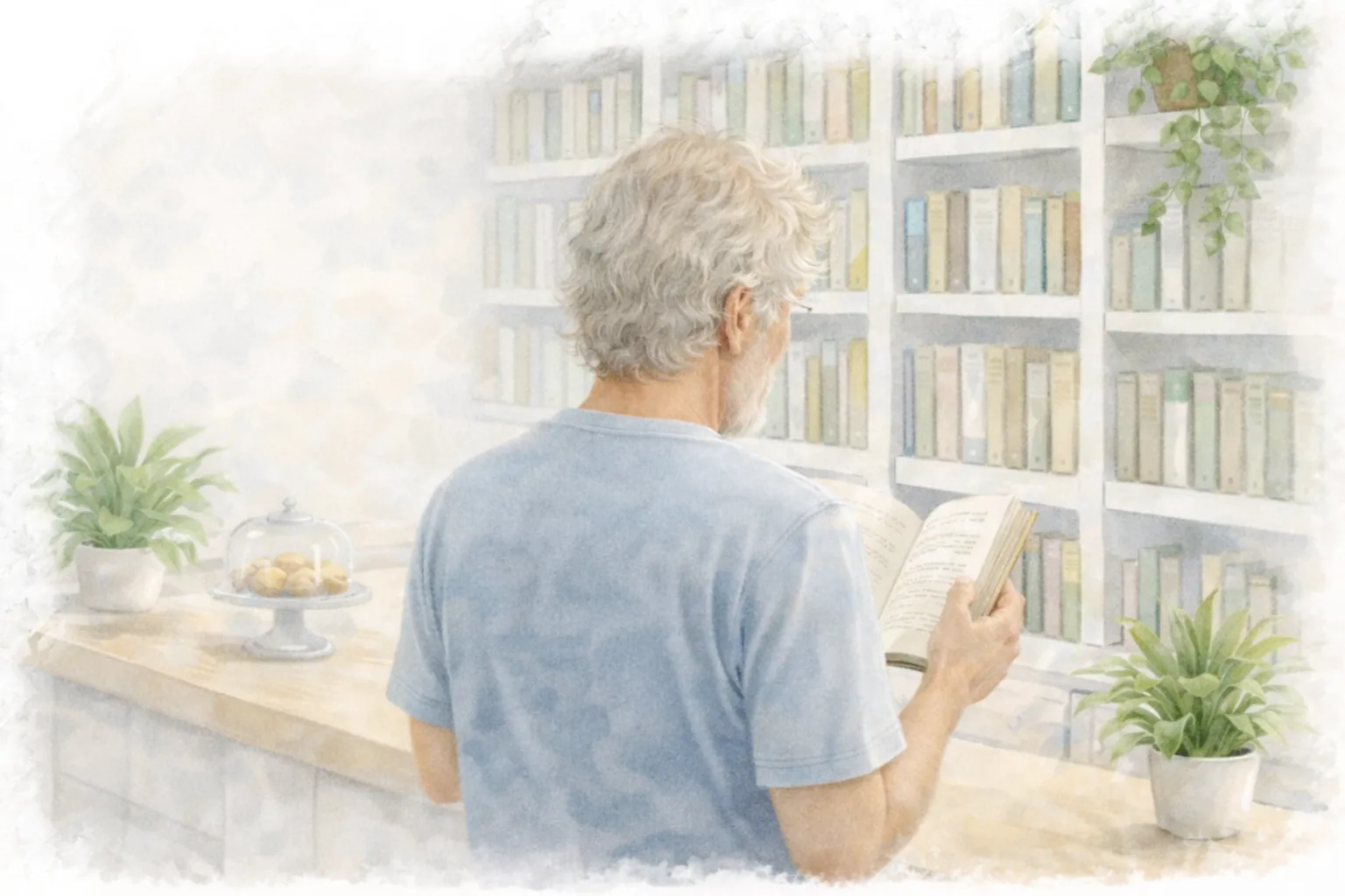 Aquarellillustration des Protagonisten Ben, der im hellen Buchcafé vor einem Regal steht und in einem Buch liest.