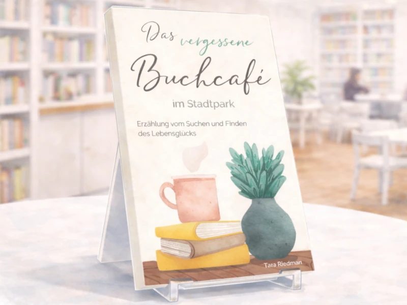 Aquarellillustration des Buchs „Das vergessene Buchcafé im Stadtpark“ auf einem Aufsteller präsentiert auf einem Tisch im Buchcafé.