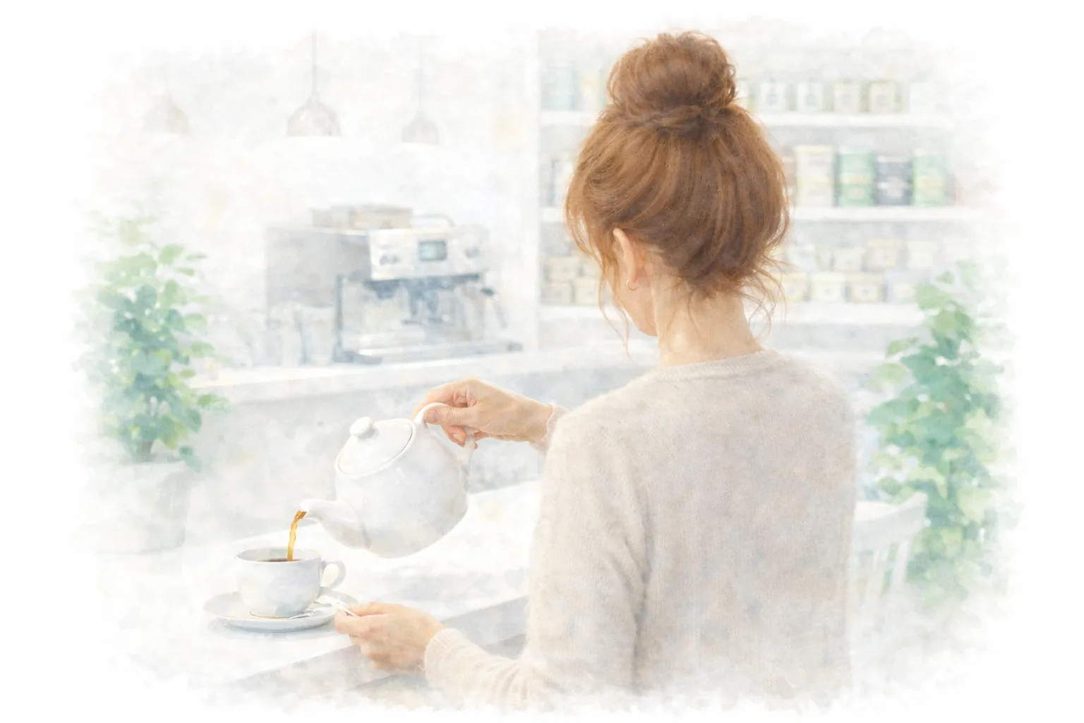Aquarellillustration von Protagonistin Elena, die in einem hellen Buchcafé Tee aus einer Kanne in eine Tasse einschenkt.