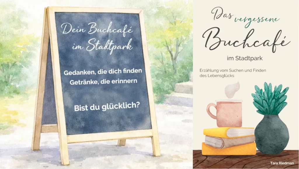 Aquarellillustration eines Aufstellers im Stadtpark mit der Aufschrift „Dein Buchcafé im Stadtpark: Gedanken, die dich finden, Getränke, die erinnern. Bist du glücklich?“ Daneben das Cover des dazugehörigen Buches.