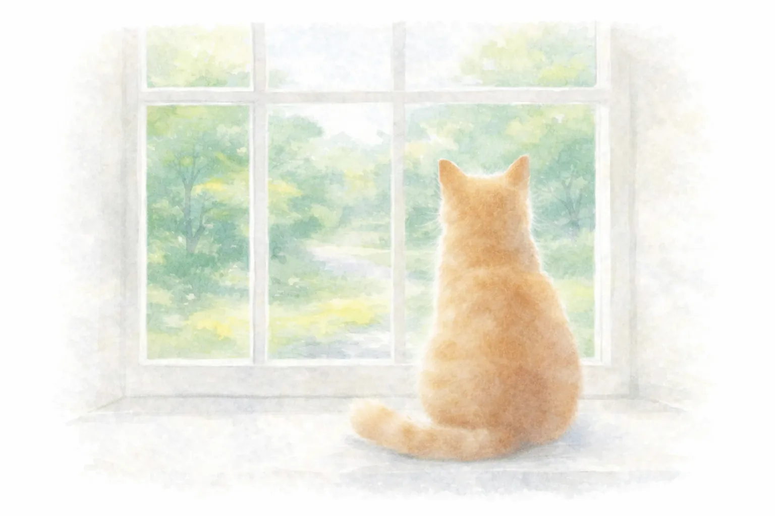 Aquarellillustration der Katze Ivy, die auf einer Fensterbank im Buchcafé sitzt und in einen grünen, lichtdurchfluteten Park hinausblickt.