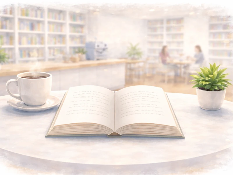Aquarellillustration eines offenen Buches auf einem Tisch im Buchcafé, daneben eine dampfende Tasse und eine kleine Pflanze, im Hintergrund unscharf Bücherregale und Gäste.