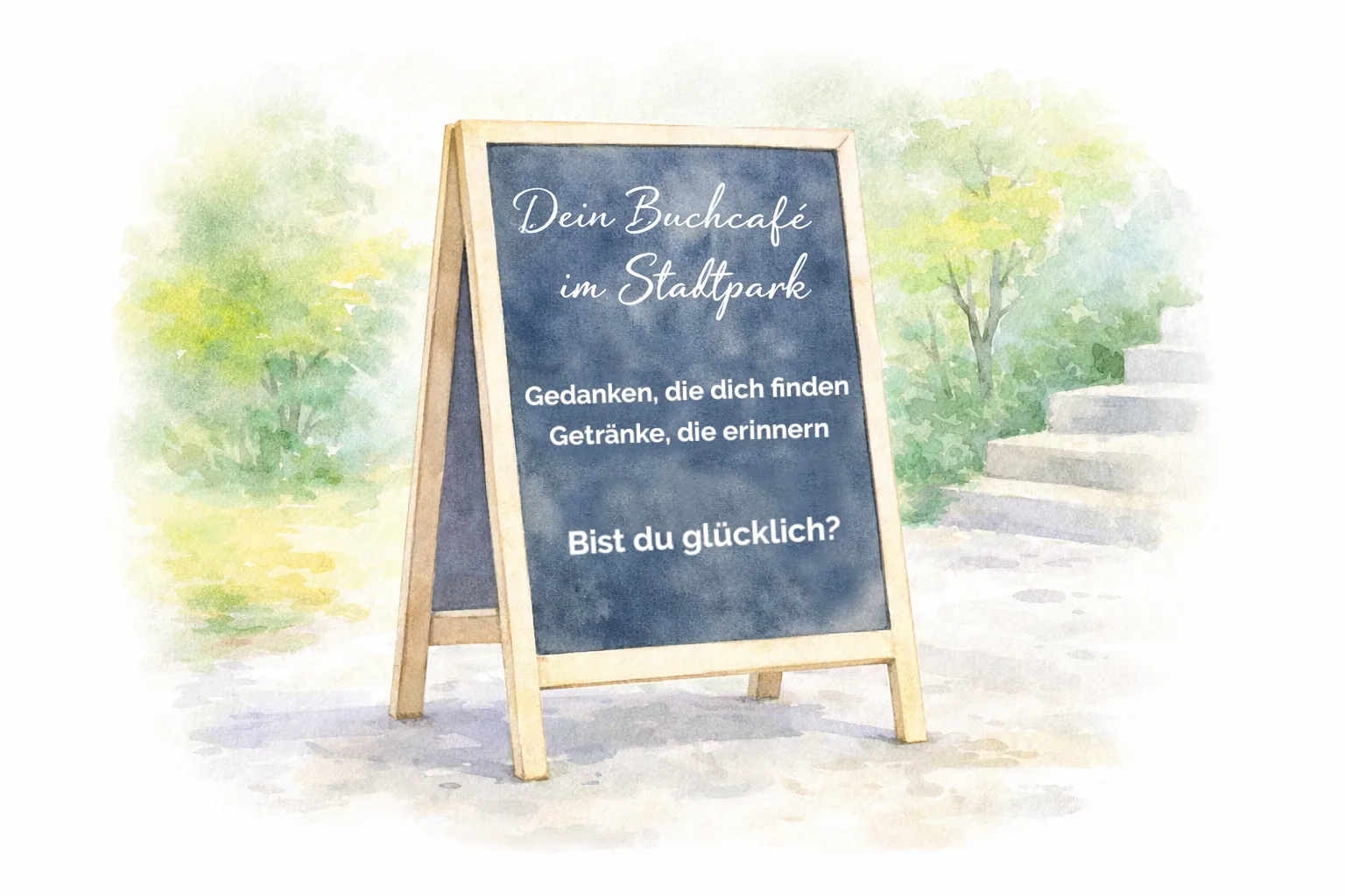 Aquarellillustration eines Aufstellers im Stadtpark mit der Aufschrift „Dein Buchcafé im Stadtpark: Gedanken, die dich finden, Getränke, die erinnern. Bist du glücklich?“