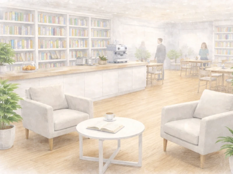 Aquarellillustration des vergessenen Buchcafés mit Bücherregalen, Sitzbereich mit zwei Sesseln und Tisch, Kaffeetheke und wenigen Gästen im Hintergrund.