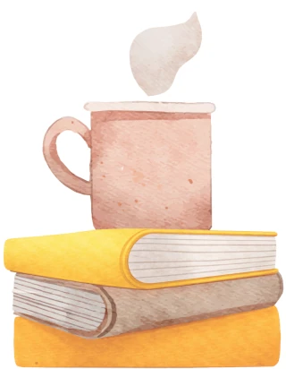 Aquarellillustration einer Tasse mit aufsteigendem Dampf, die auf zwei übereinanderliegenden Büchern in warmen Gelb- und Beigetönen steht.