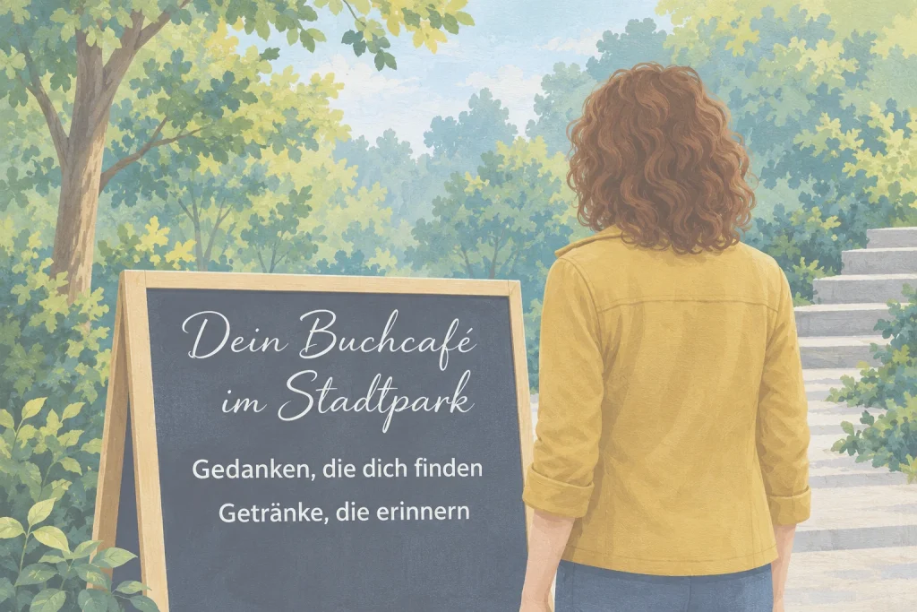 Frau mit lockigem braunem Haar und gelber Jacke steht im grünen Stadtpark vor einer Tafel mit der Aufschrift „Dein Buchcafé im Stadtpark“.