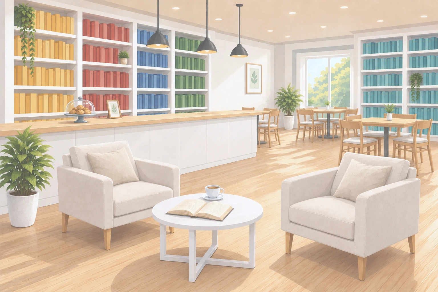 Heller Innenraum des vergessenen Buchcafés mit Sesseln, runden Tischen, weißer Theke und farblich sortierten Bücherregalen.