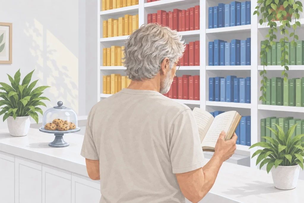 Älterer grauhaariger Mann mit hellem T-Shirt liest an der weißen Theke vor farblich sortierten Bücherregalen in einem aufgeschlagenen Buch.