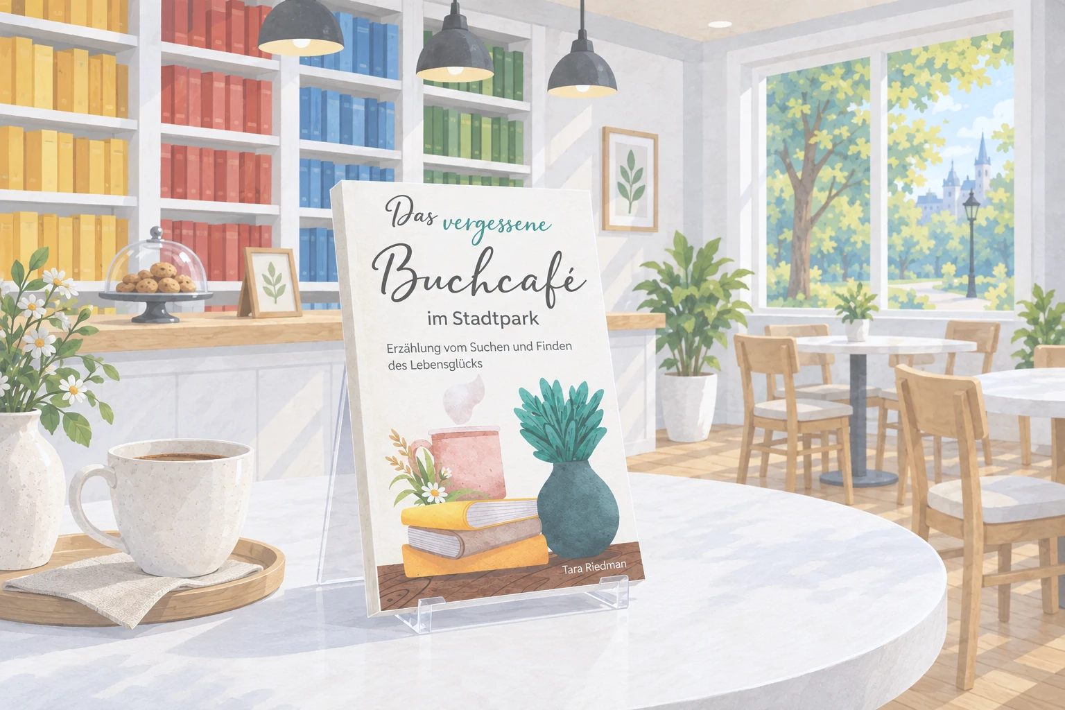 Das Buch „Das vergessene Buchcafé im Stadtpark“ steht auf einem transparenten Aufsteller auf einem weißen Tisch im hellen Buchcafé.
