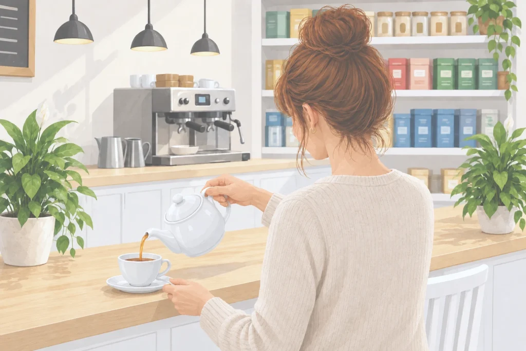 Frau mit Dutt gießt hinter einer weißen Cafétheke aus einer weißen Kanne ein heißes Getränk in eine Tasse.