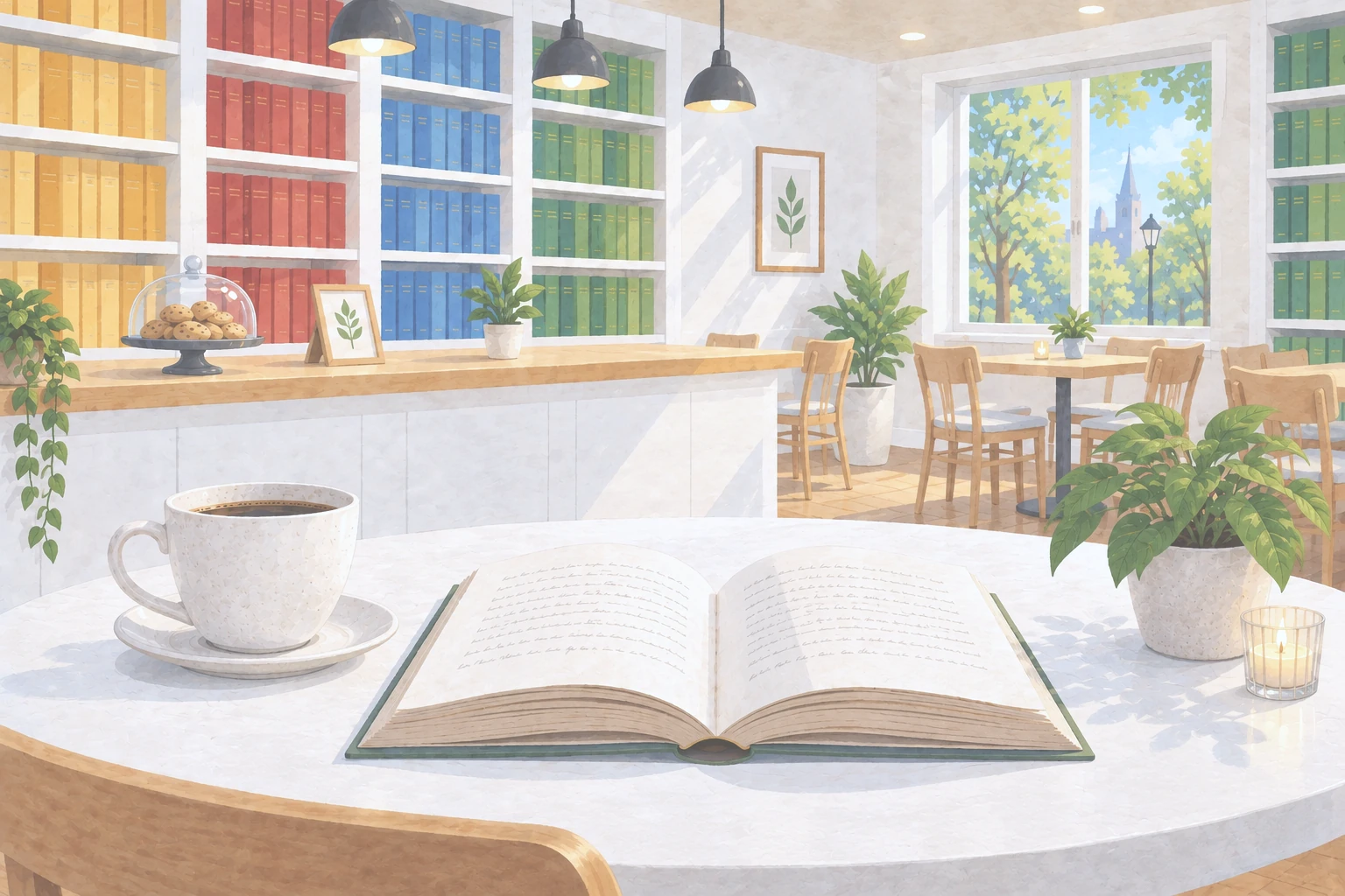 Aufgeschlagenes Buch neben einer Tasse Kaffee und einer kleinen Pflanze auf einem weißen Tisch im hellen Buchcafé.