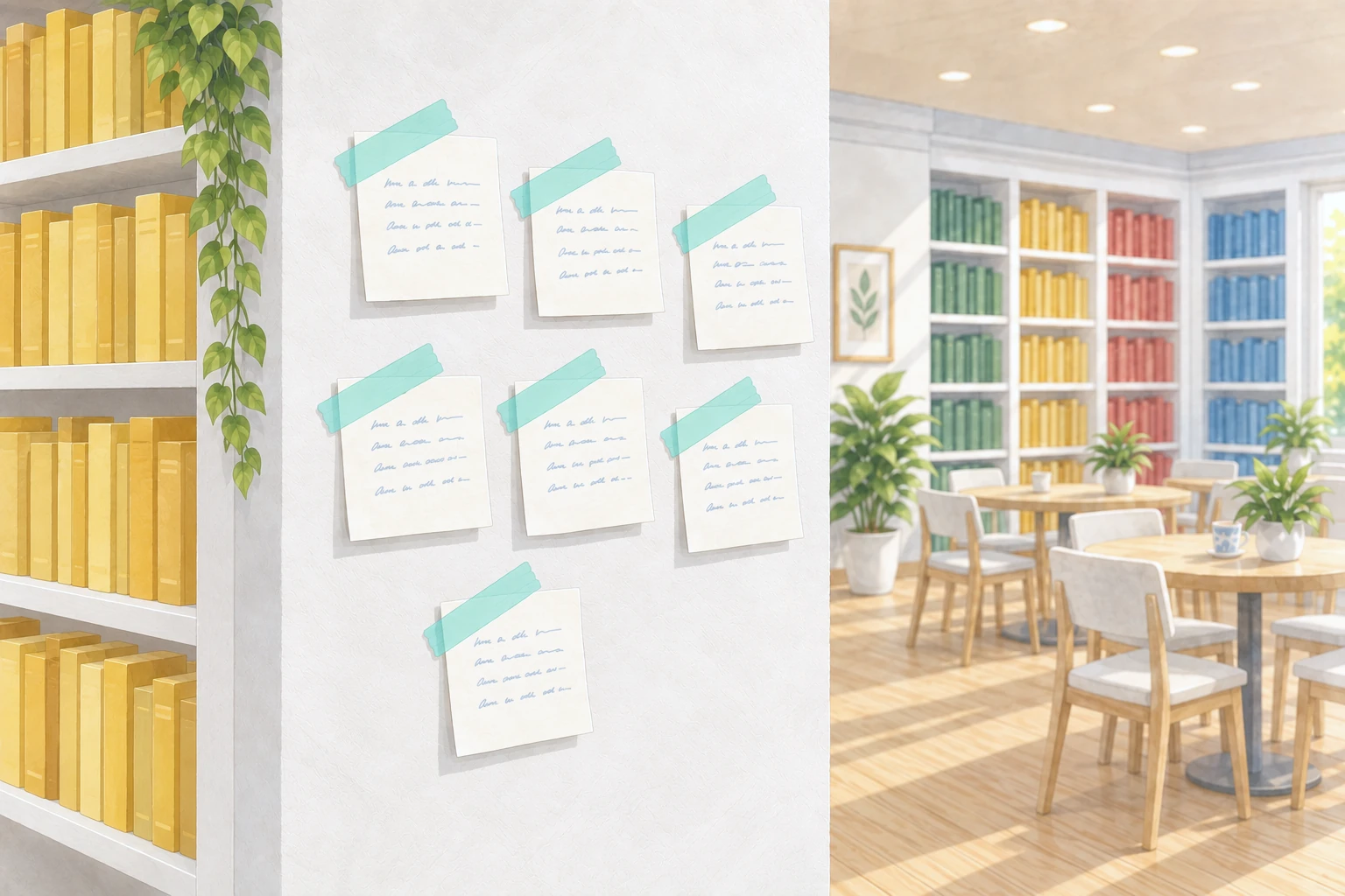 Sieben handgeschriebene Zettel sind mit türkisfarbenem Klebeband an einer weißen Wand befestigt; daneben stehen farblich sortierte Bücherregale.